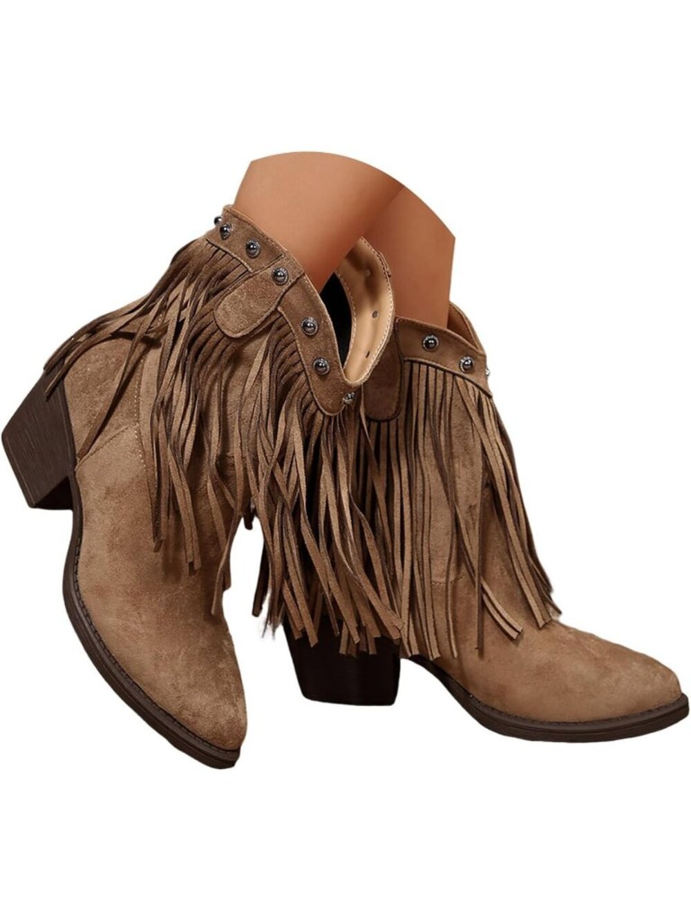 Women’s Brown Suede Ankle Cowboy Boots Studded Tassel Round Toe Chunky Heel